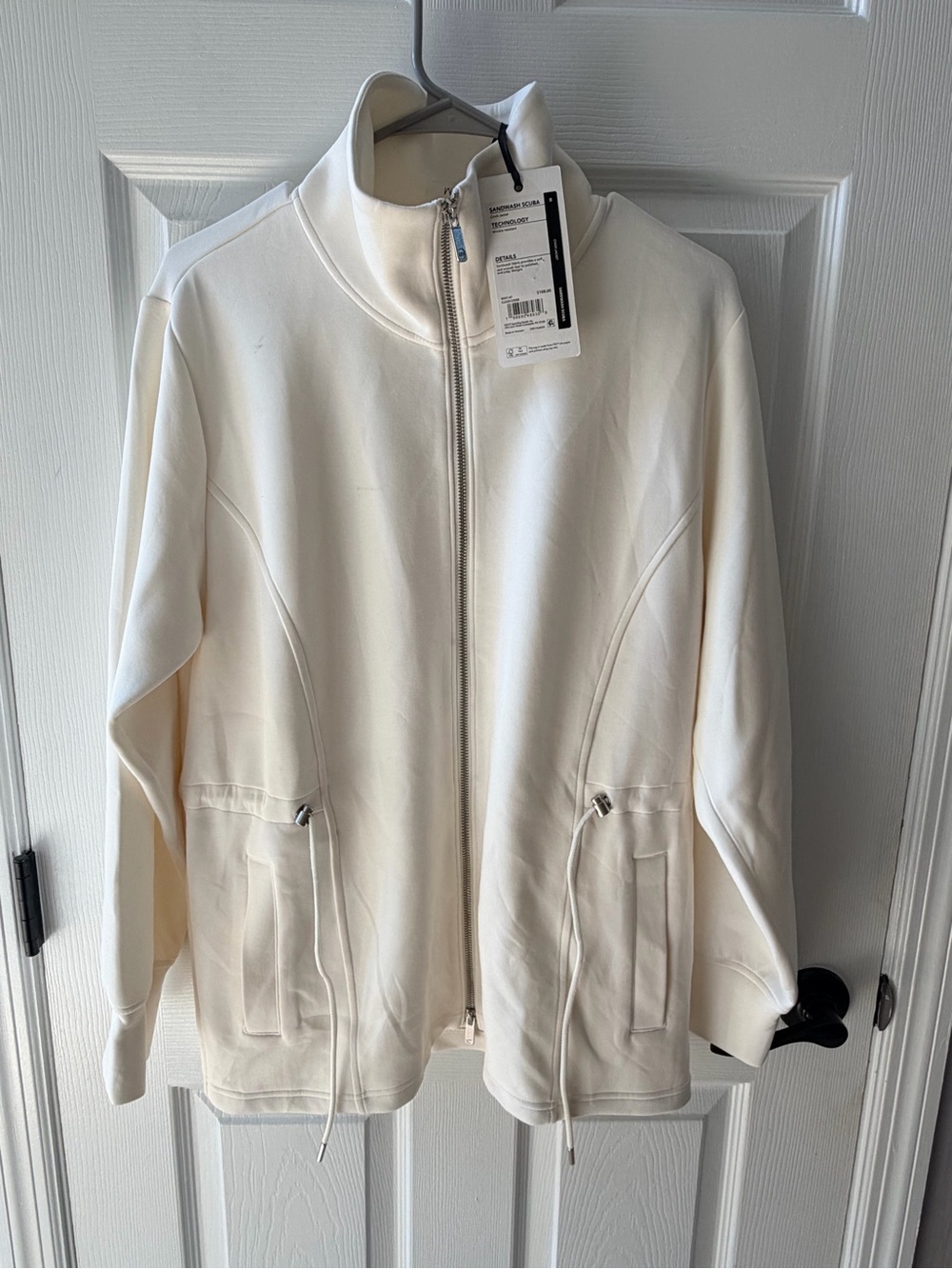 Calia Sandwash Scuba Cream Lightweight Full-Zip Shirt Jacket with Drawcord Waist